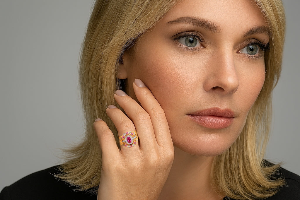 9ct Yellow Gold Synthetic Pink Sapphire & Diamonds Trio Set