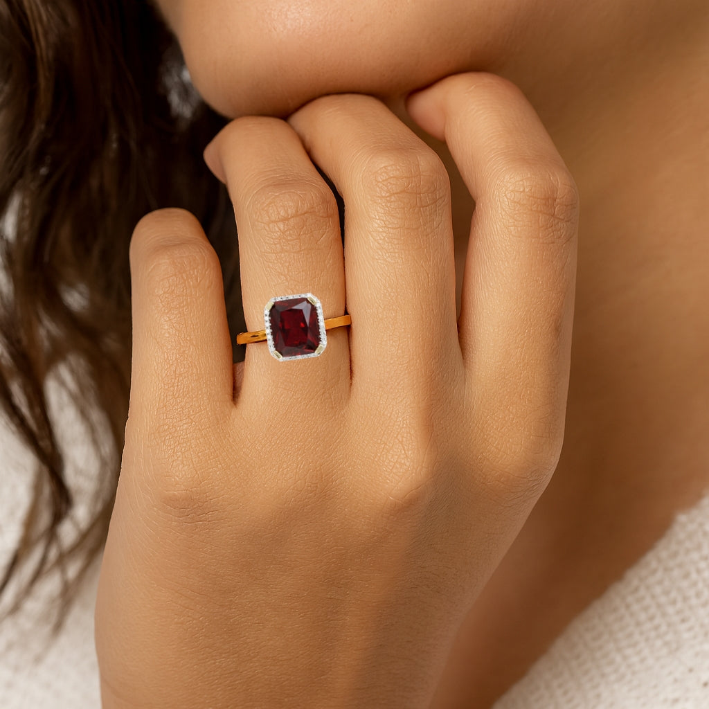 9ct Gold Ruby & Diamond Halo Ring – Regal Radiance