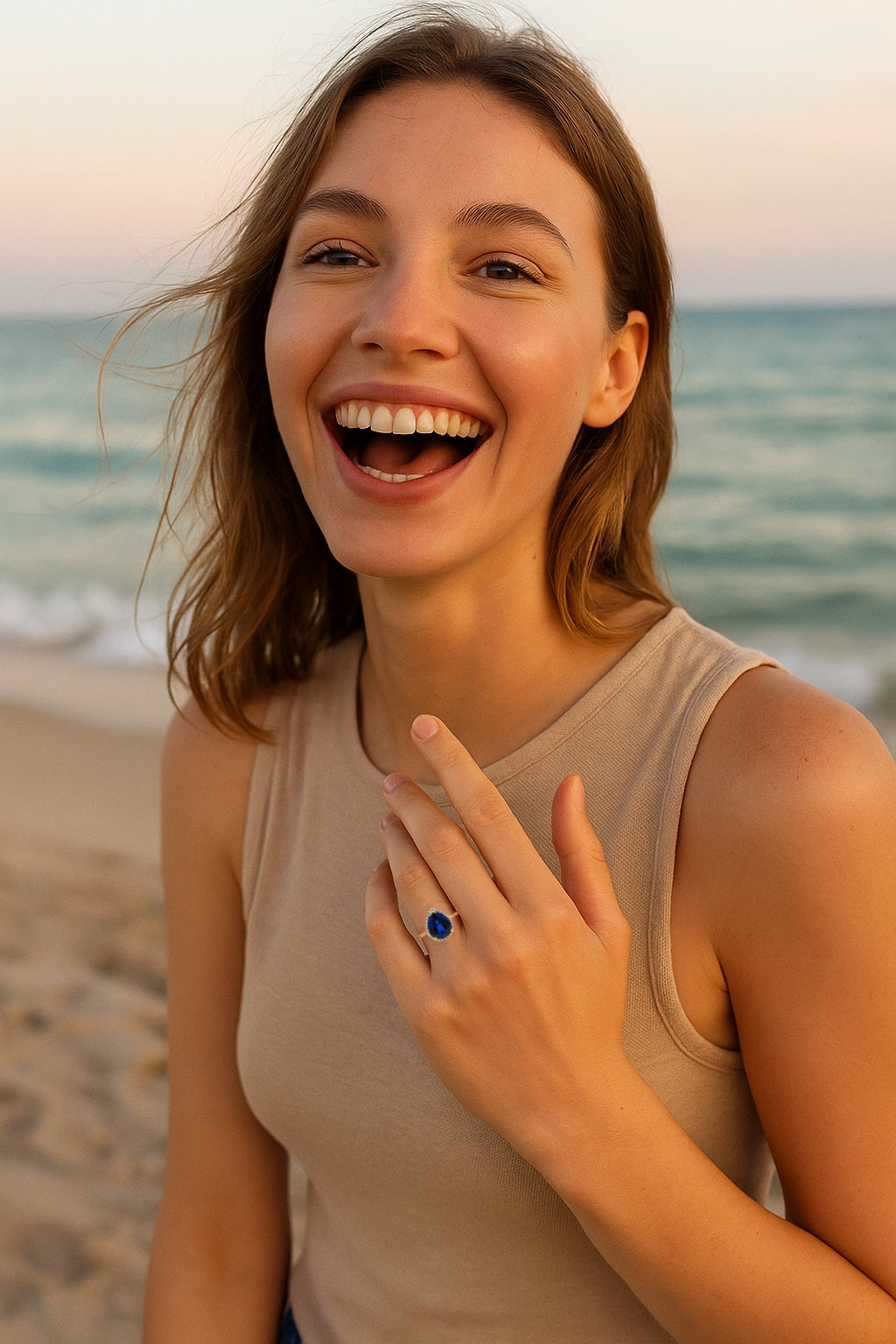 9ct Gold Pear-Cut Synthetic Sapphire & Diamond Halo Ring, Regal & Refined