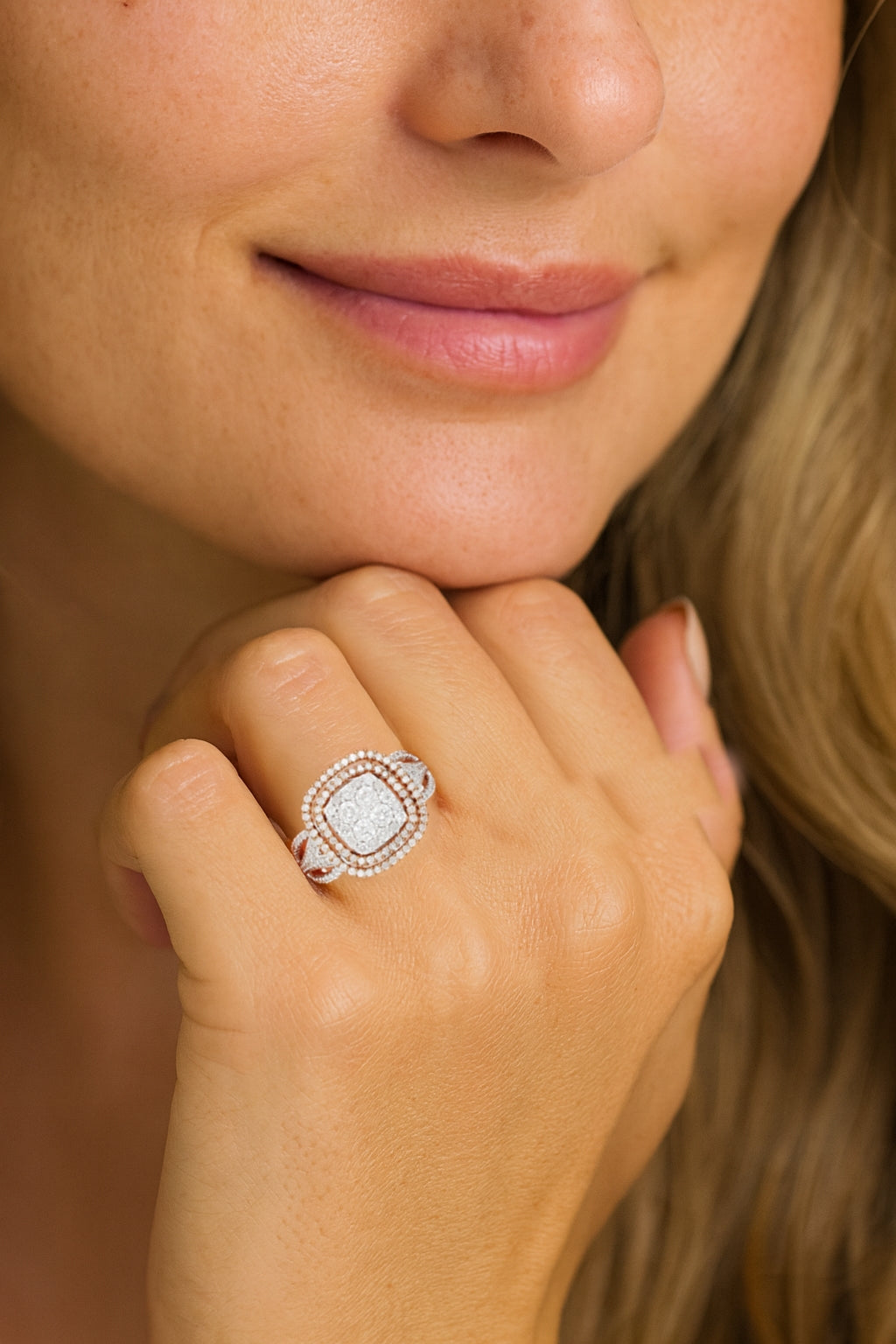 Cushion-Style Double Halo Diamond Ring .96ct TW