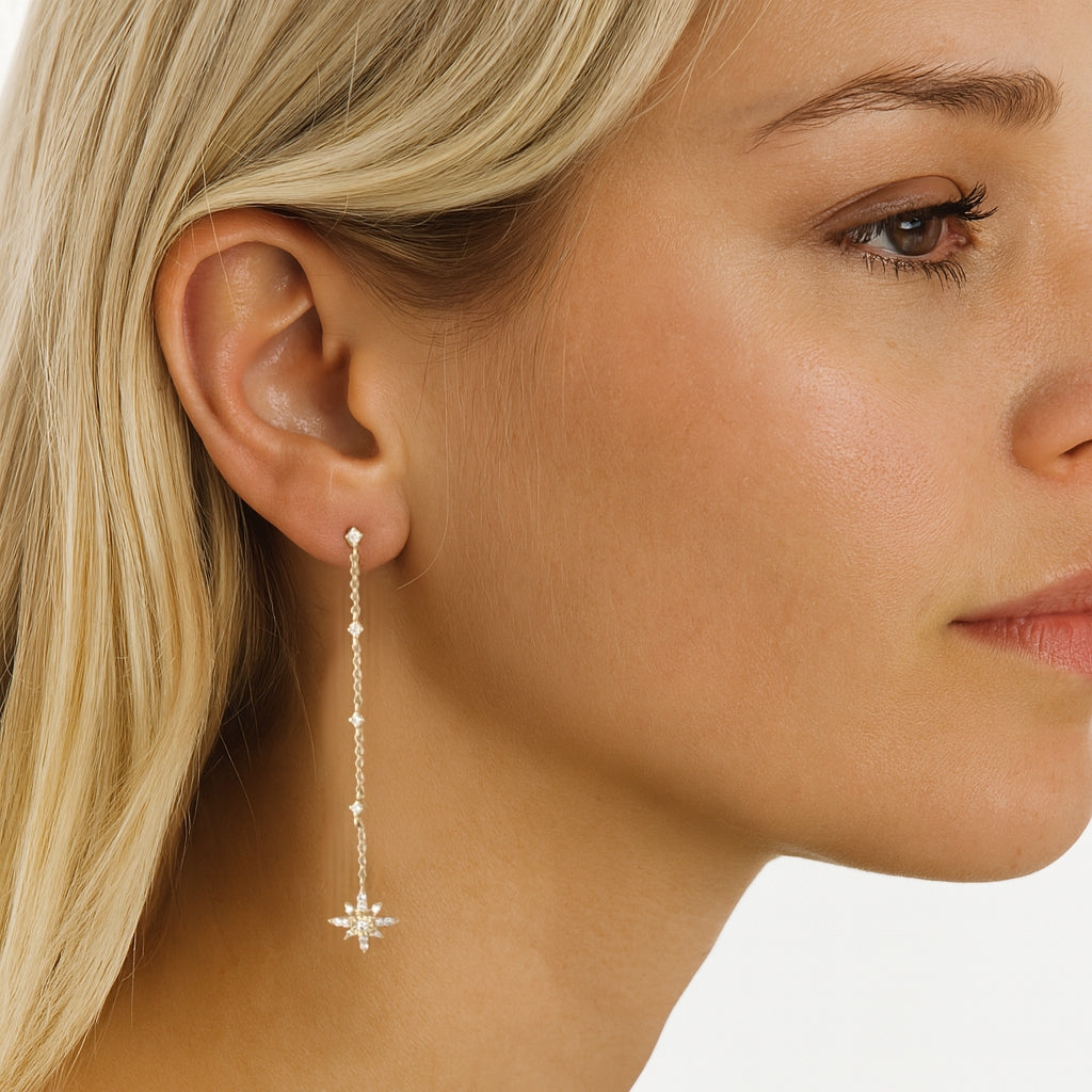 14ct Yellow Gold Diamond Star Drop Earrings – Statement Elegance