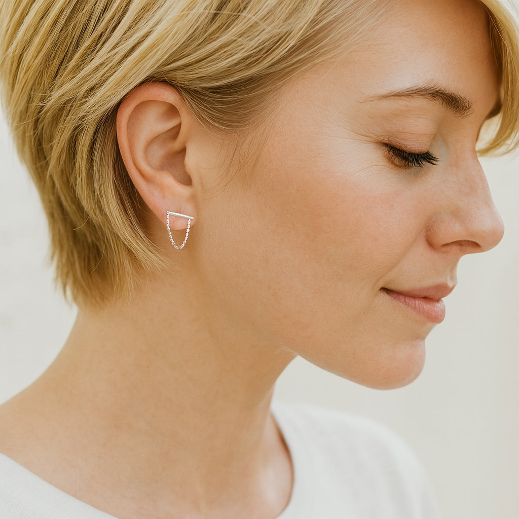 Sterling Silver Bar & Chain Drop Stud Earrings
