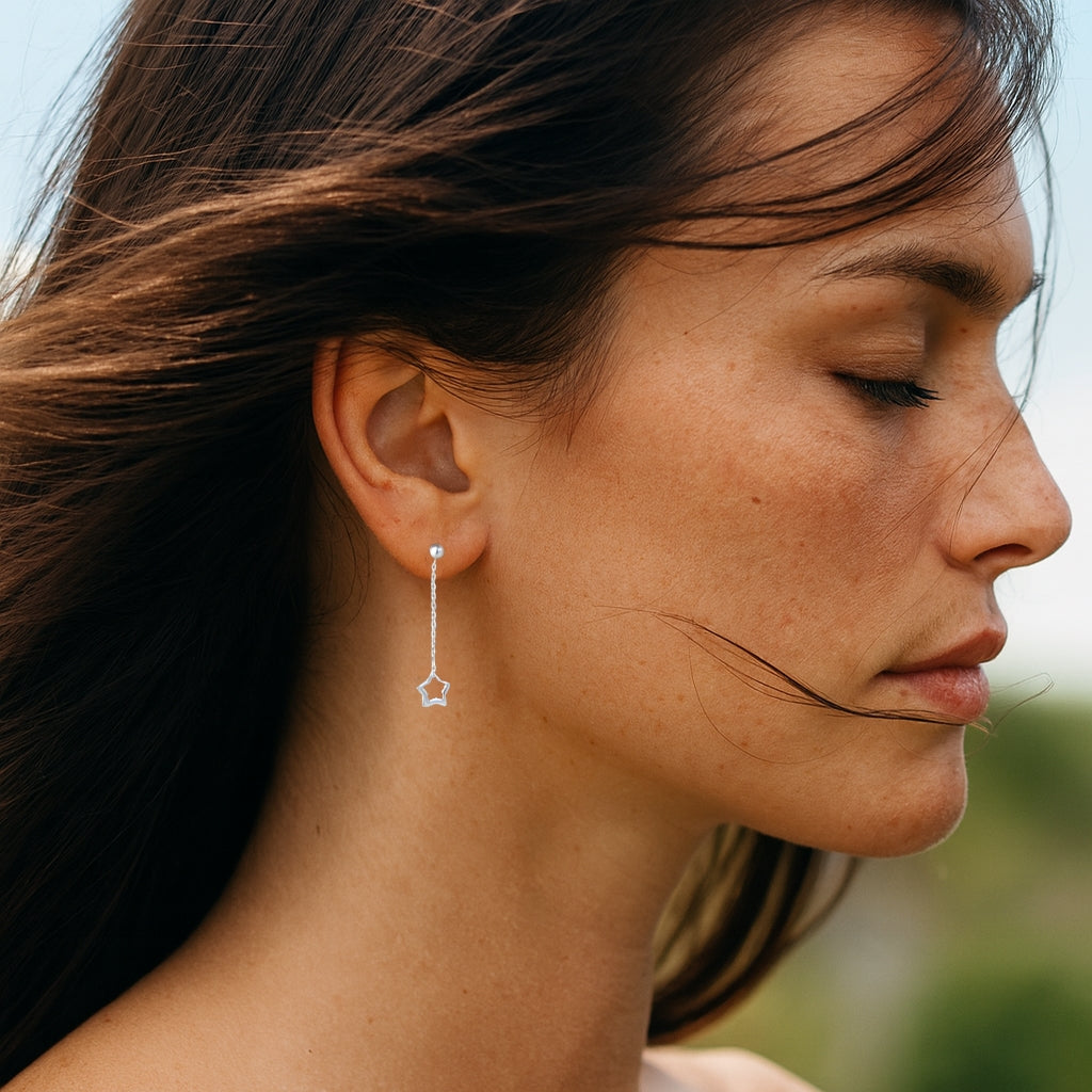 Sterling Silver Star Drop Stud Earrings
