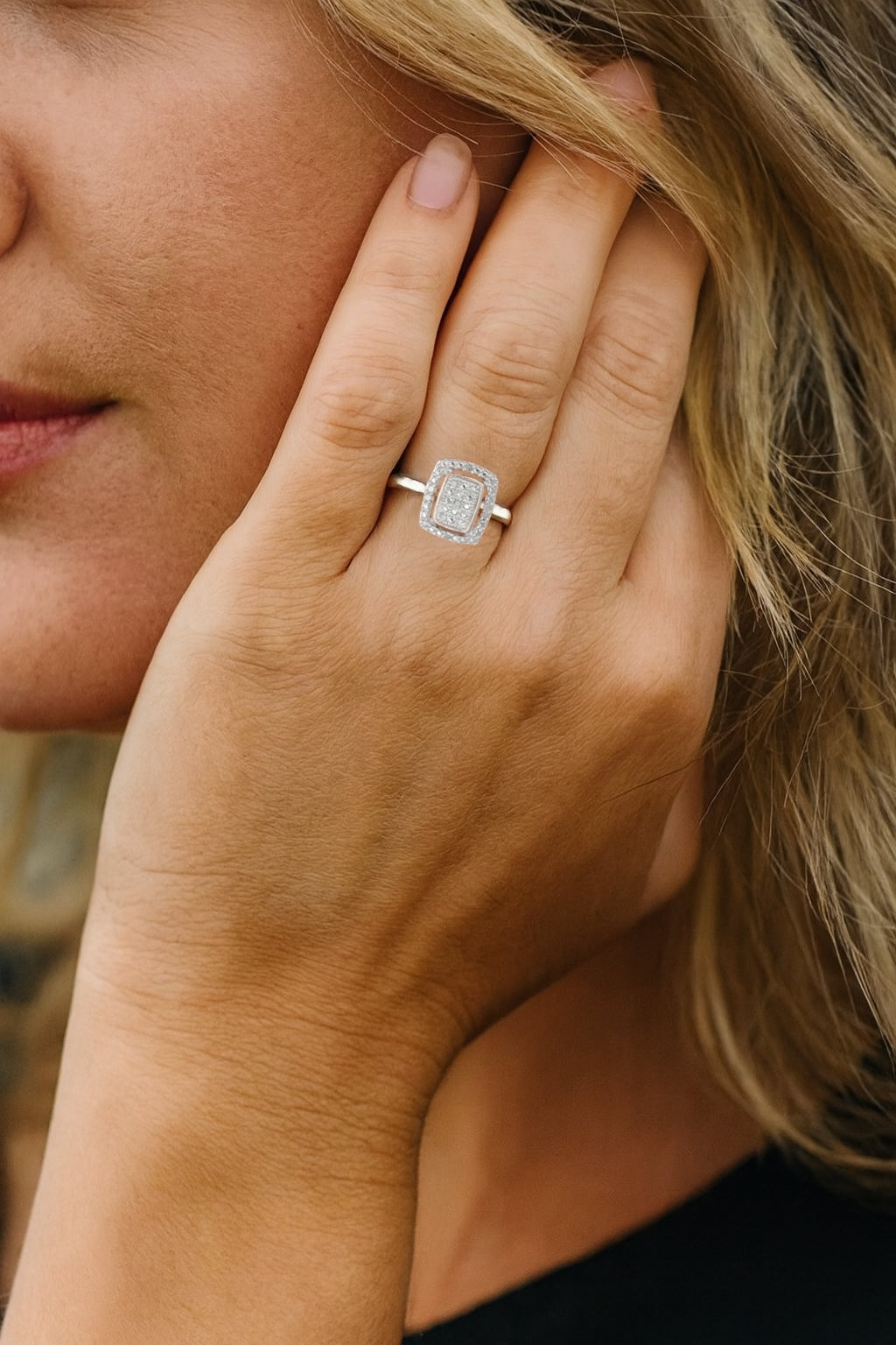 Sterling Silver & Diamond Rose Gold Plated Square Ring