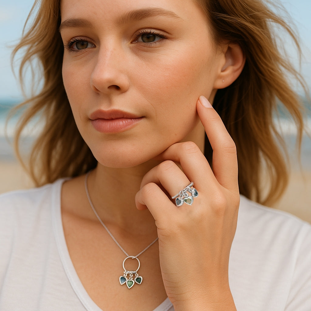 Rhodium Plated Bronze 3 Dangling Hearts Ring/Pendant