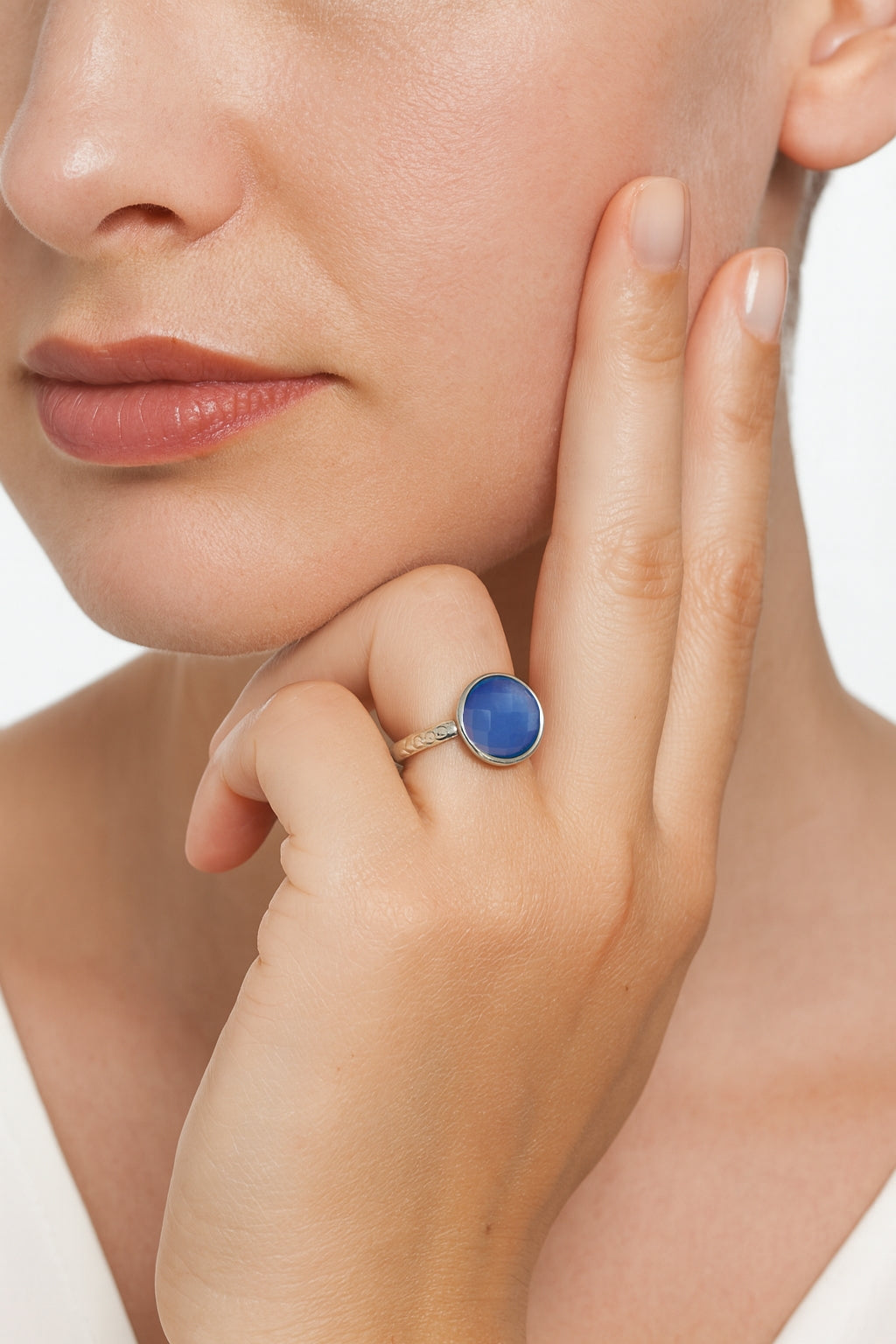 Rhodium Plated Bronze Faceted Blue Glass Ring