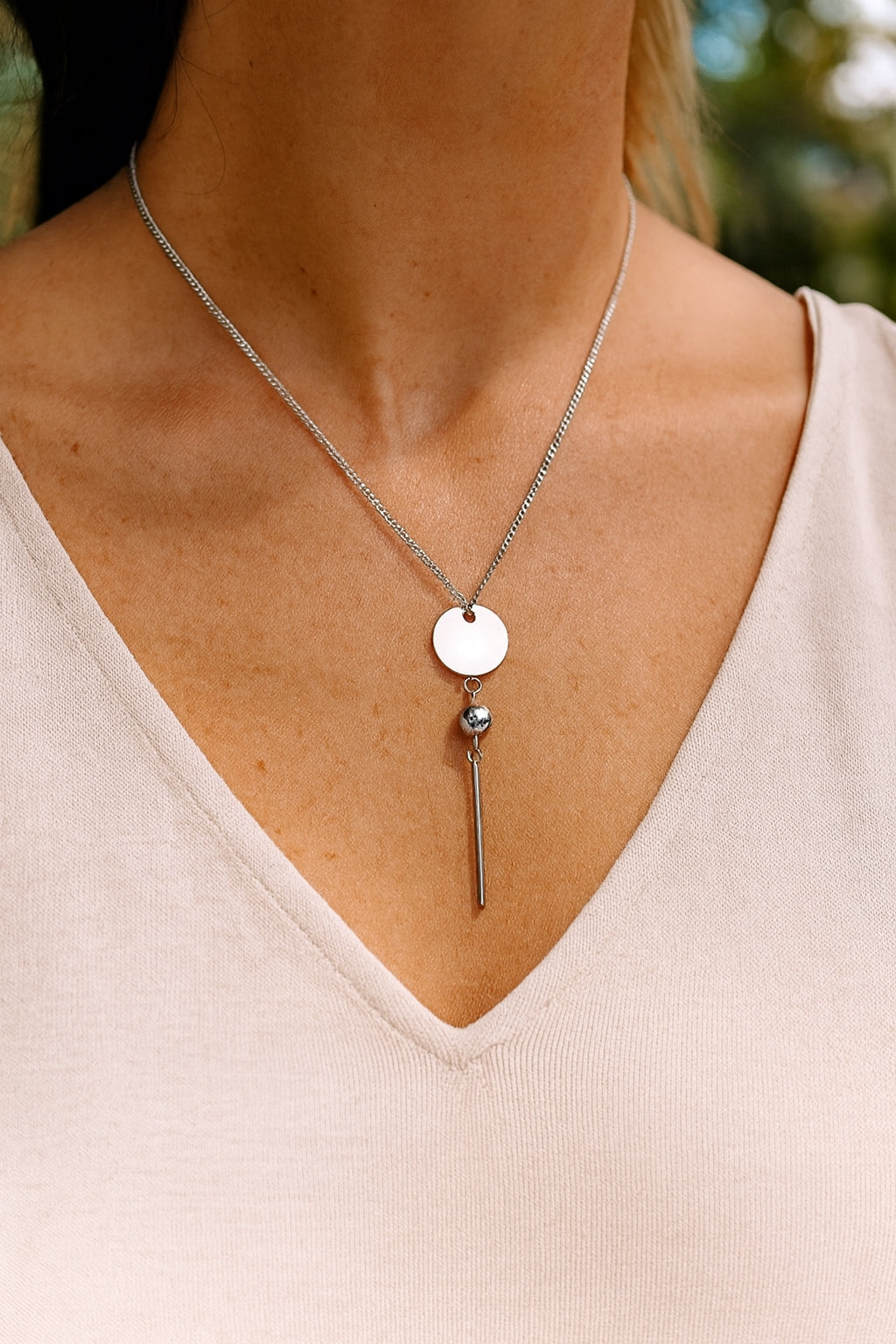 Stainless Steel Silver Tone Disc Drop Necklace