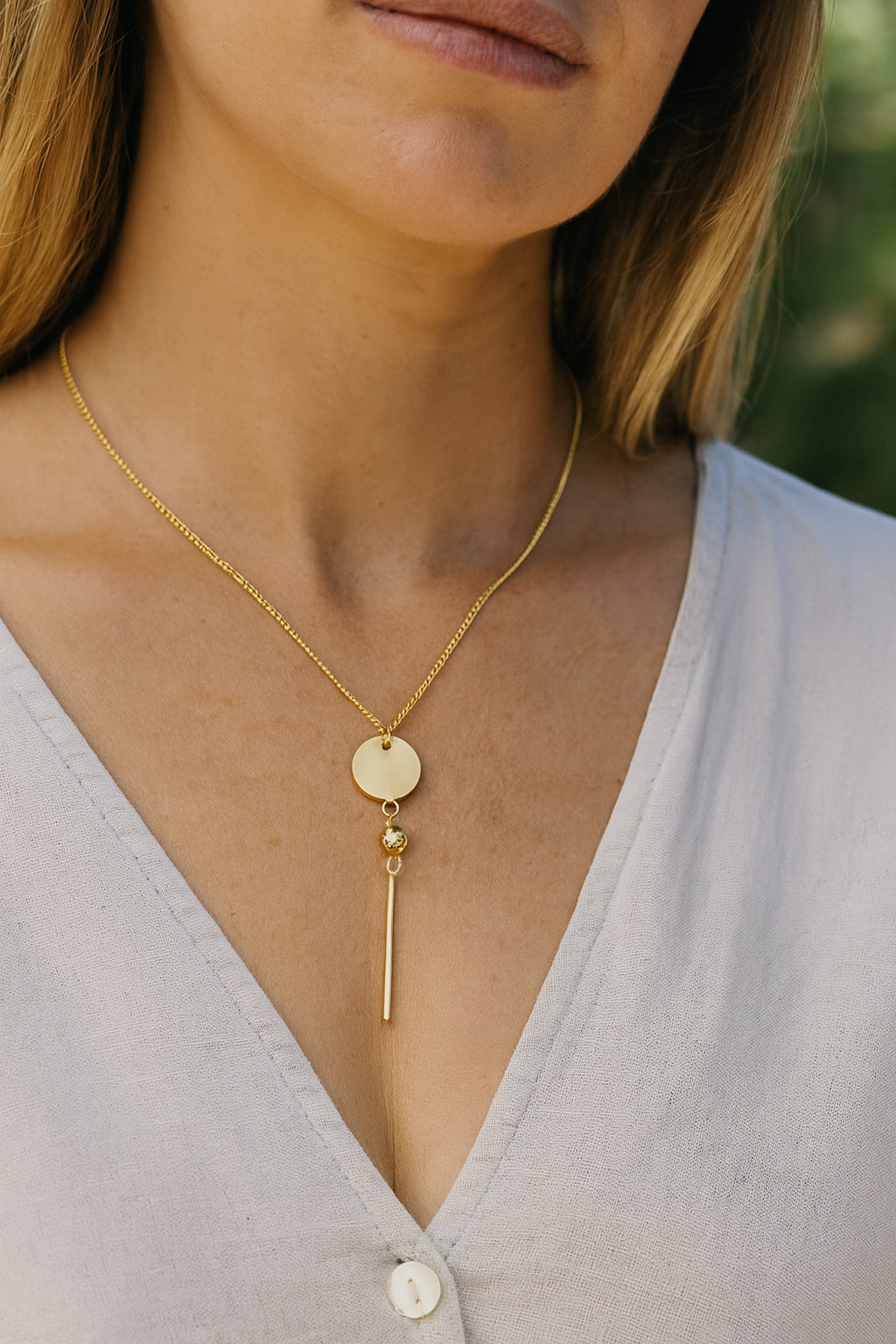 Stainless Steel Gold Tone Disc Drop Necklace