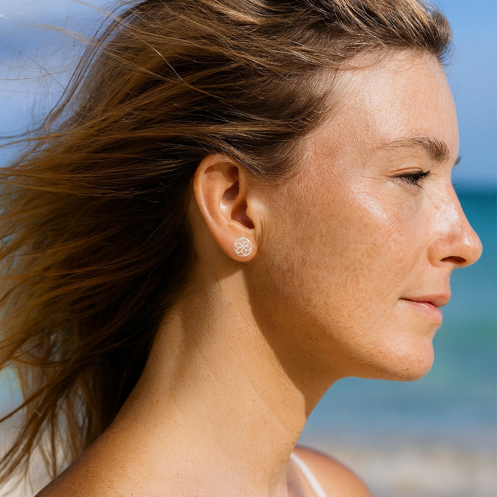 Sterling Silver Pierced Out Flower Disc Stud Earrings
