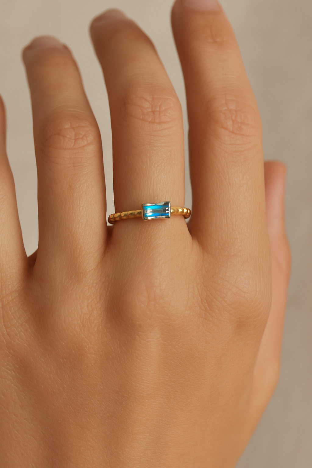 Dainty Gold Baguette Ring with Blue Cubic Zircona