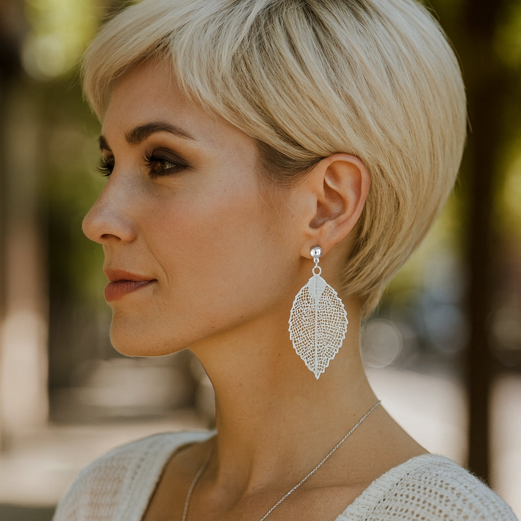 Skeleton Leaf Silver Tone Brass Fashion Earrings