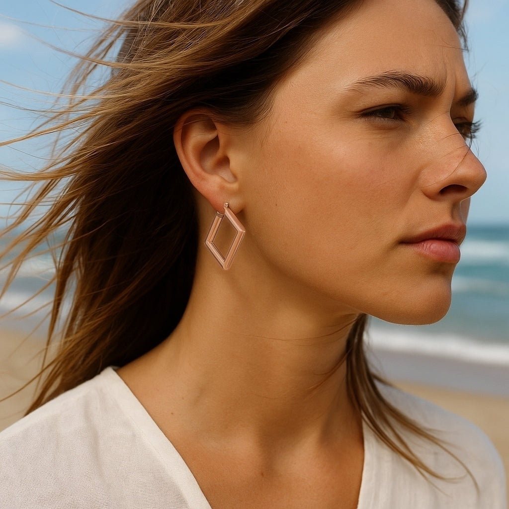 Stainless Steel Rose Gold Tone Pentagon  Hoop Earrings