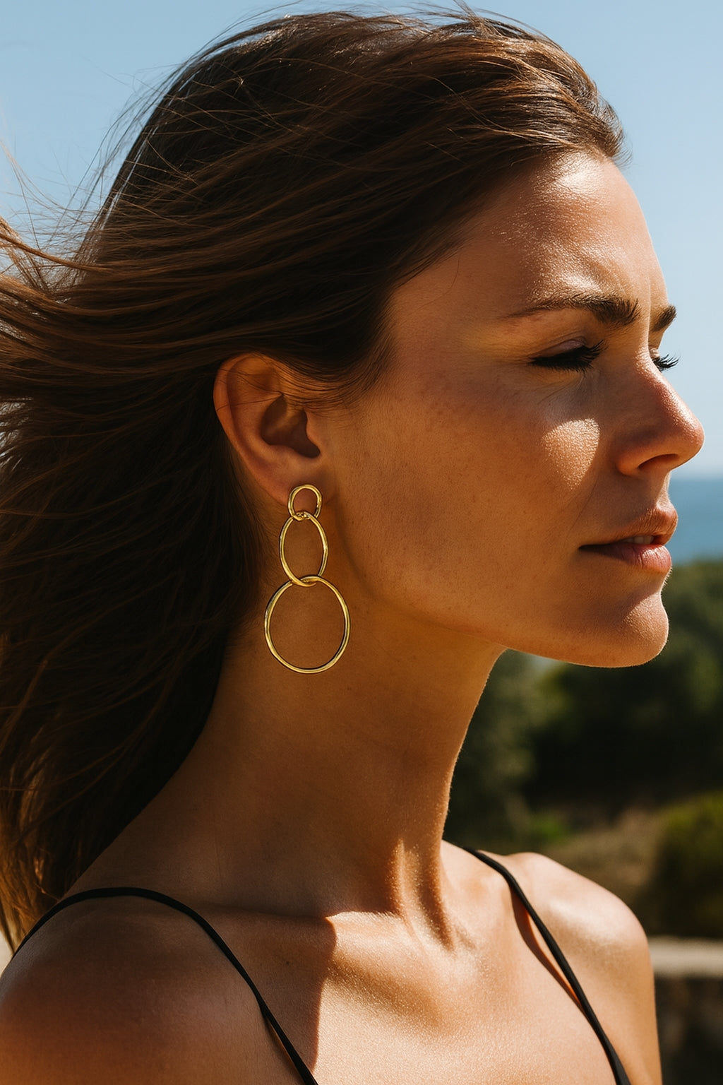 Stainless Steel Gold Tone Circle Stud Triple Loop Stud Earrings