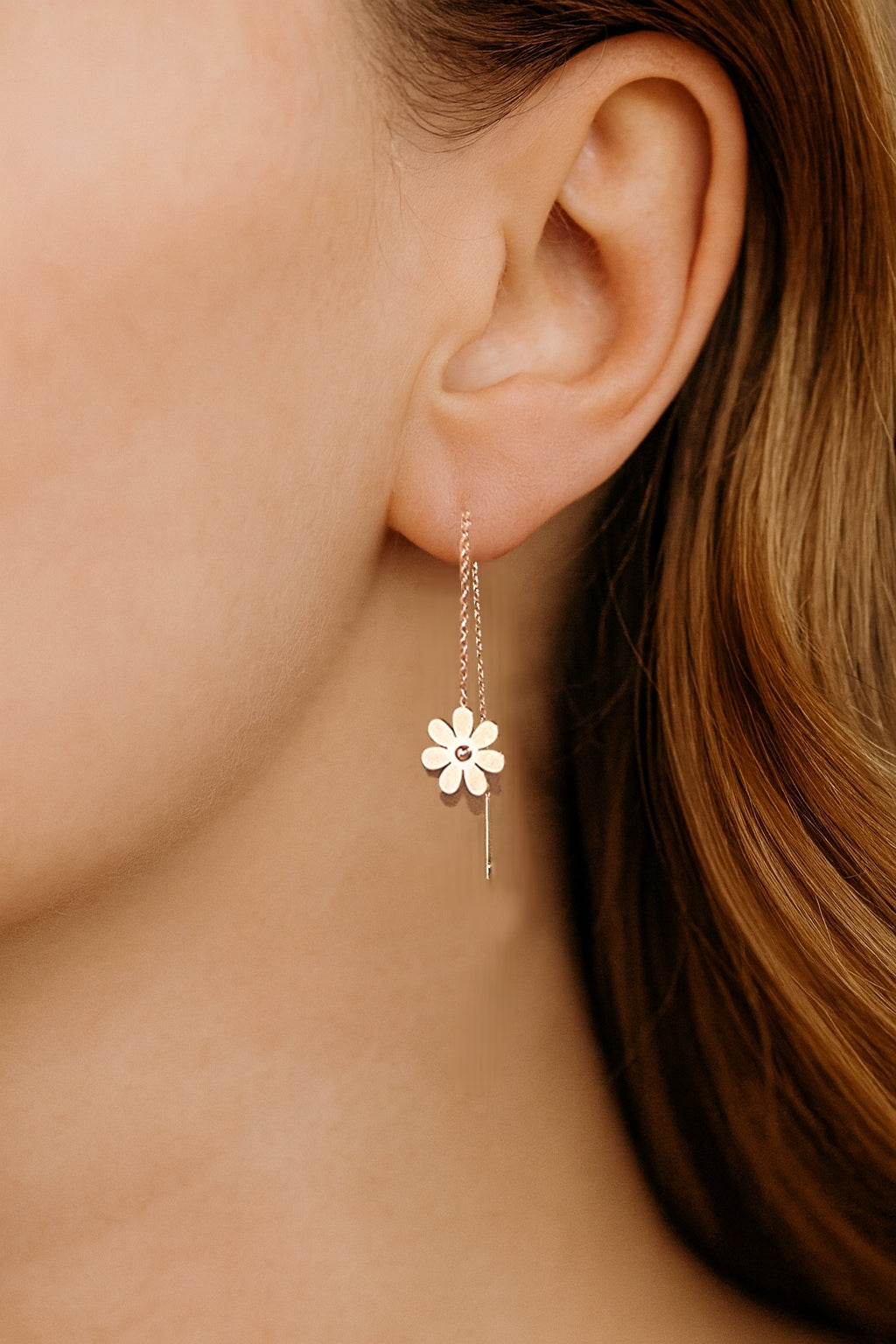 Stainless Steel Rose Gold Tone Daisy Thread Earrings