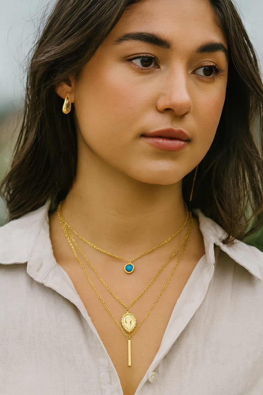 Stainless Steel  Gold Tone 3 Layer Necklace