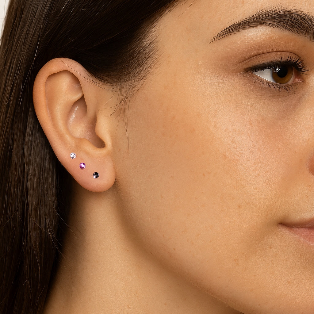 Sterling Silver Petite Set of 3 Stud Earrings, Clear, Pink & Black