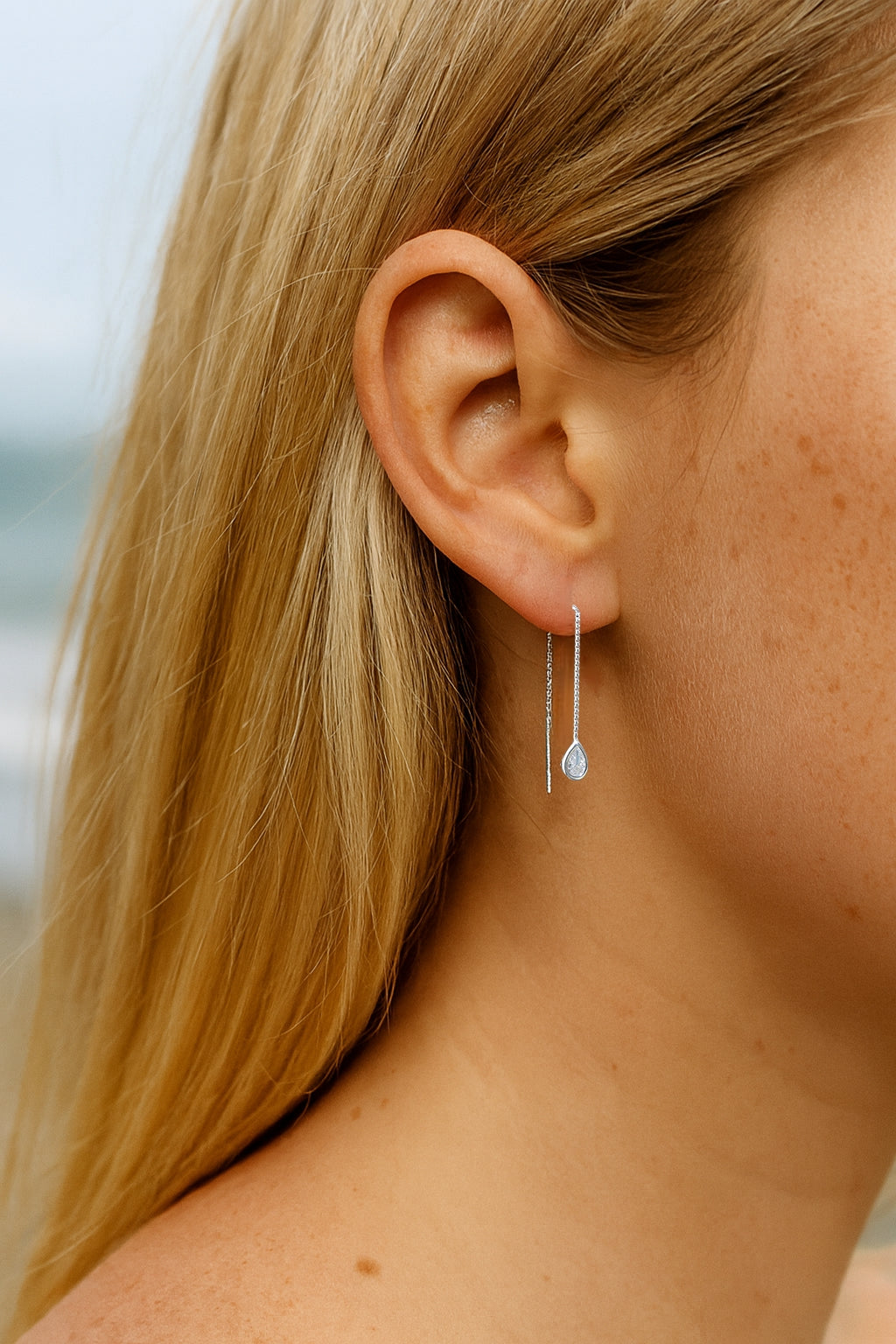 Sterling Silver Petite Pear CZ Thread Earrings