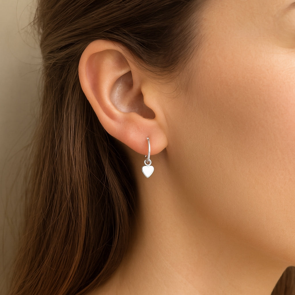 Sterling Silver Heart Charm Hoop Earrings