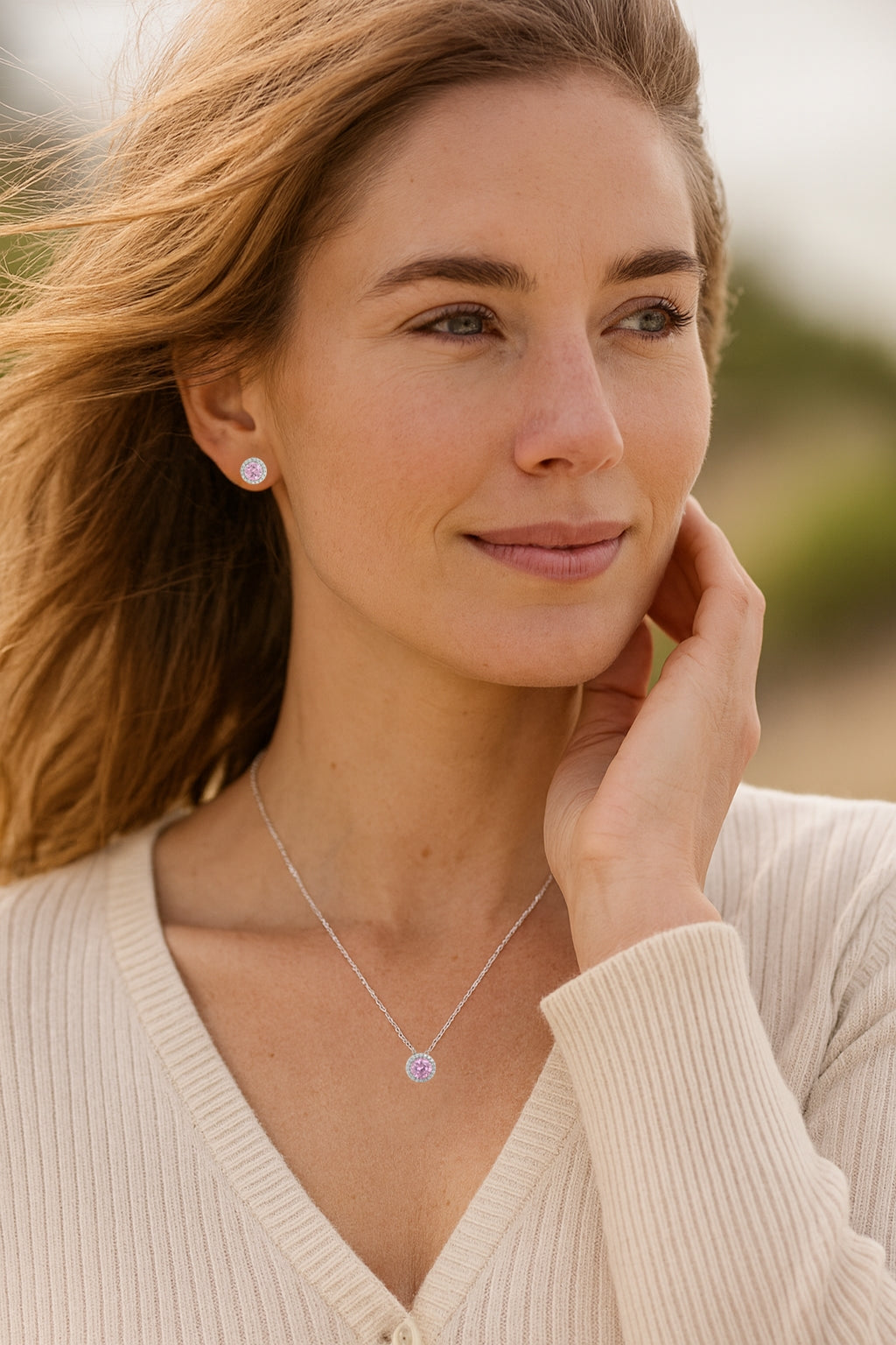 Sterling Silver Pink Halo Earring & Pendant Set -3.57ct TW CZ