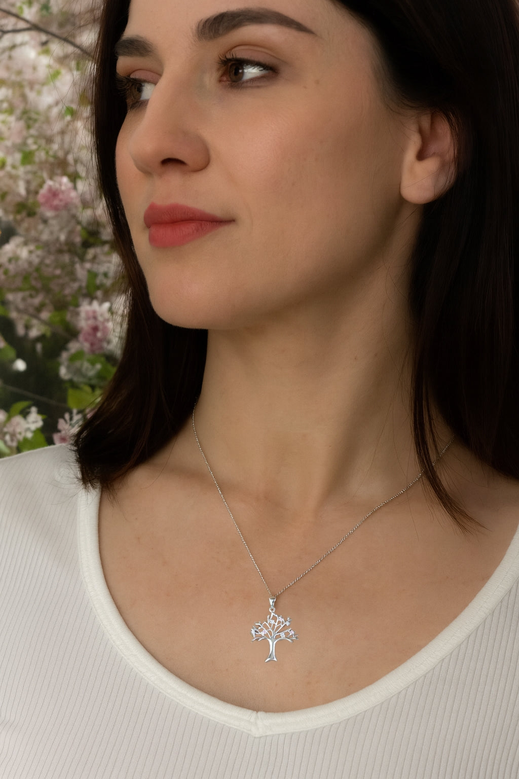 Sterling Silver Tree of Life Pendant with Pink & White CZ