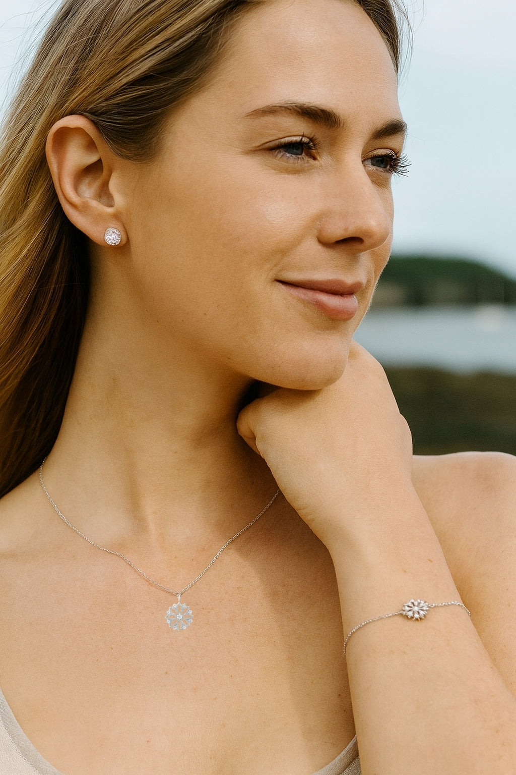 Sterling Silver CZ Flower Pendant Necklace