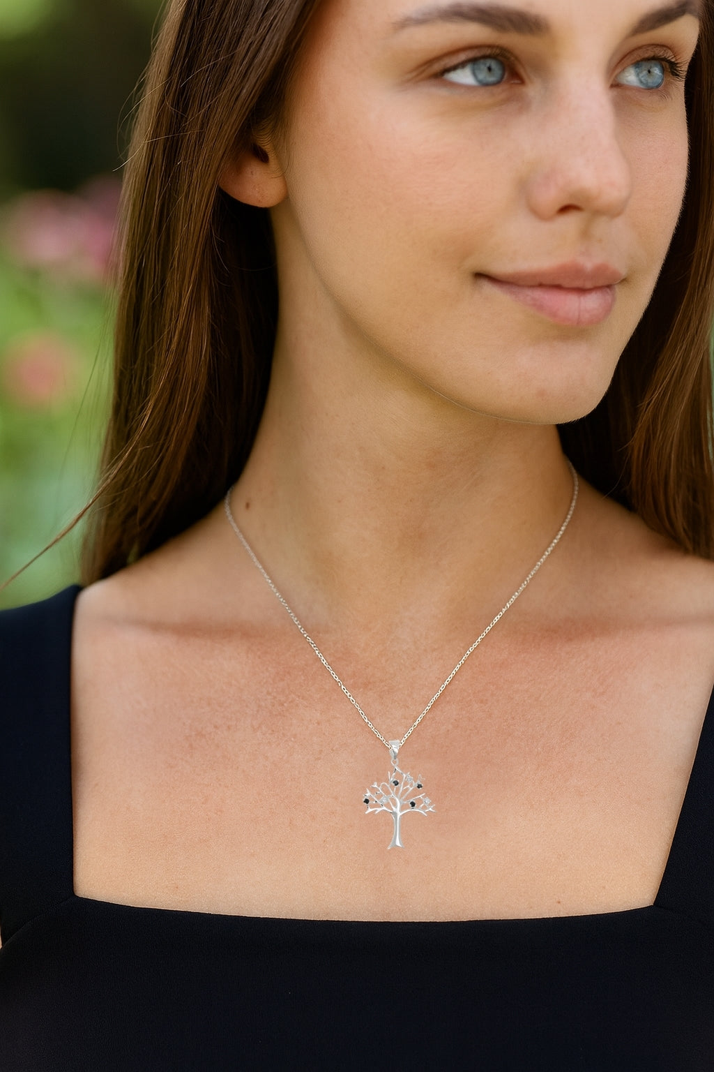 Sterling Silver Tree of Life Pendant with Black & White CZ