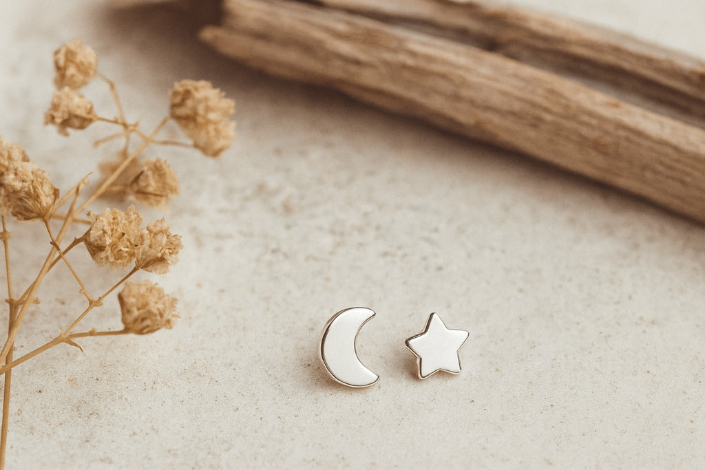 Sterling Silver Moon & Star Stud Earrings