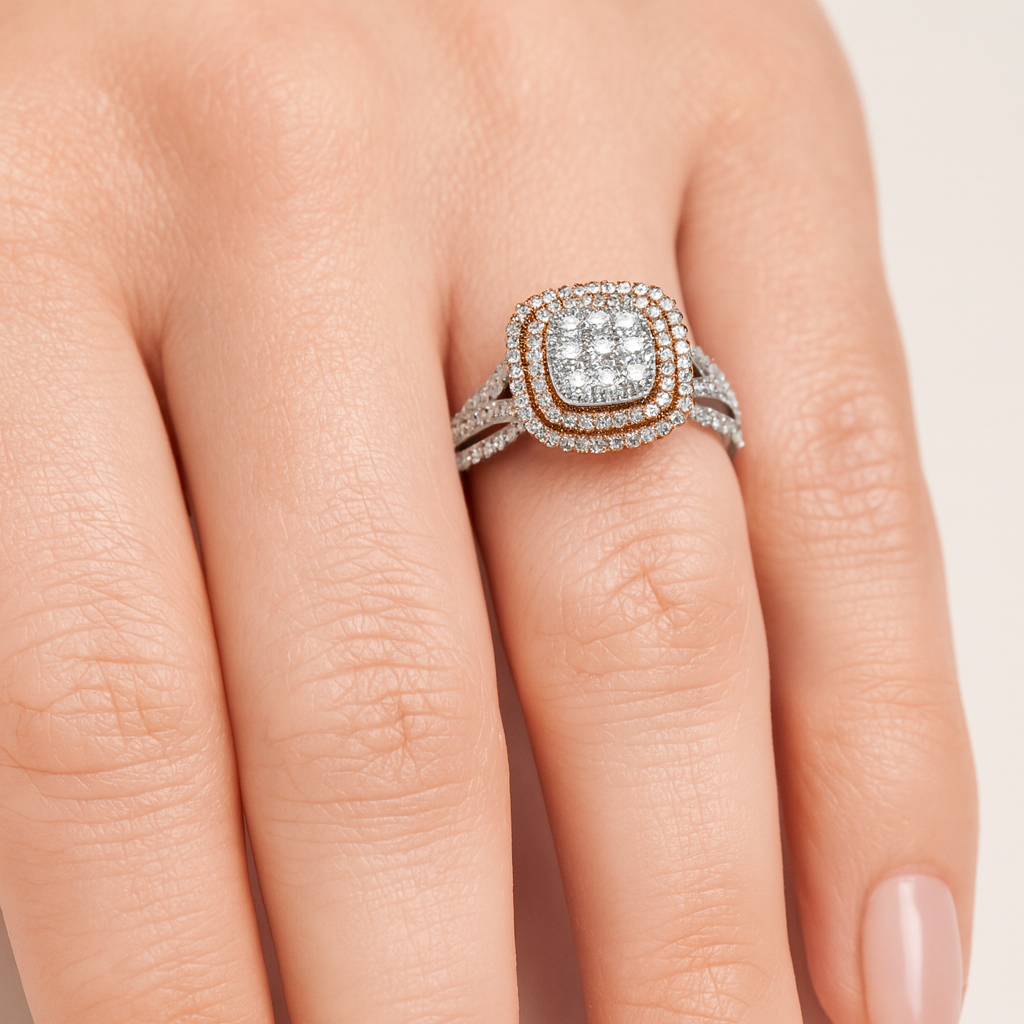 Cushion-Style Double Halo Diamond Ring .96ct TW