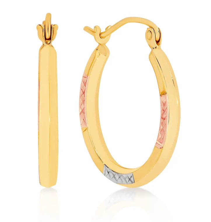 9ct 3 Tone Square Tube 15mm Hoop Earrings