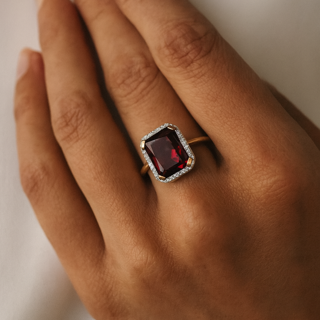 9ct Gold Ruby & Diamond Halo Ring – Regal Radiance