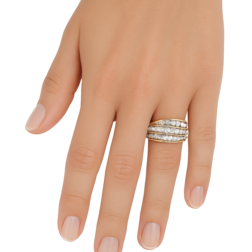9ct Yellow Gold Three Row Diamond Dress Ring