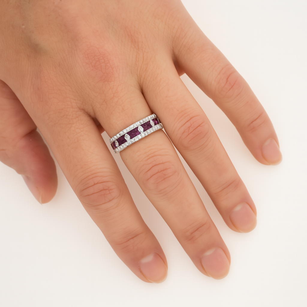 14ct White Gold Natural Ruby & Diamond Dress Ring – Size M