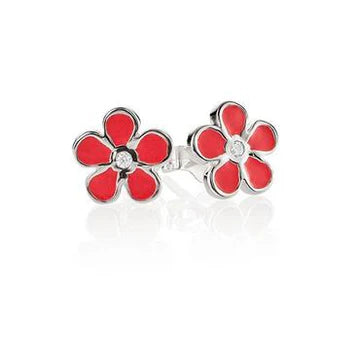 Sterling Silver Pink Enamel CZ Flower Studs