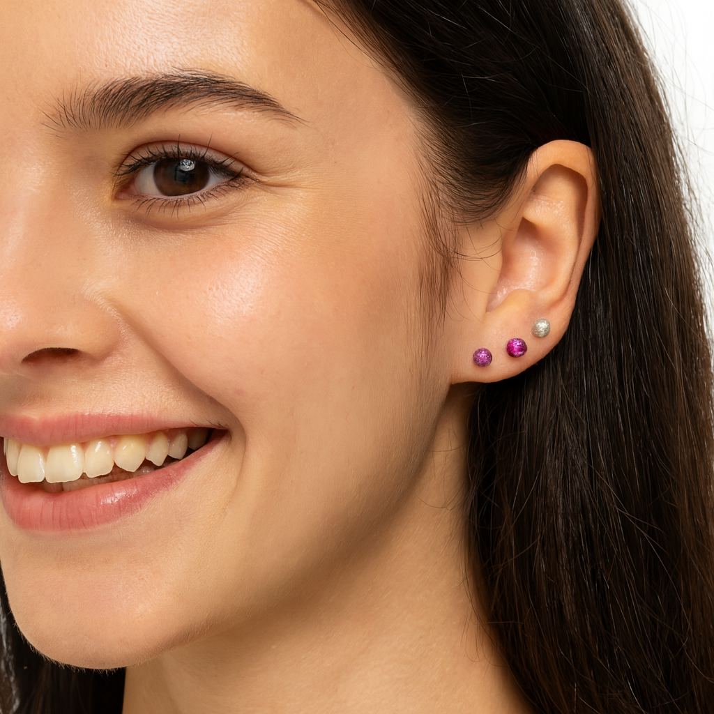 Trio Glitter Studs in Sterling Silver (Pink, Plum & Silver)