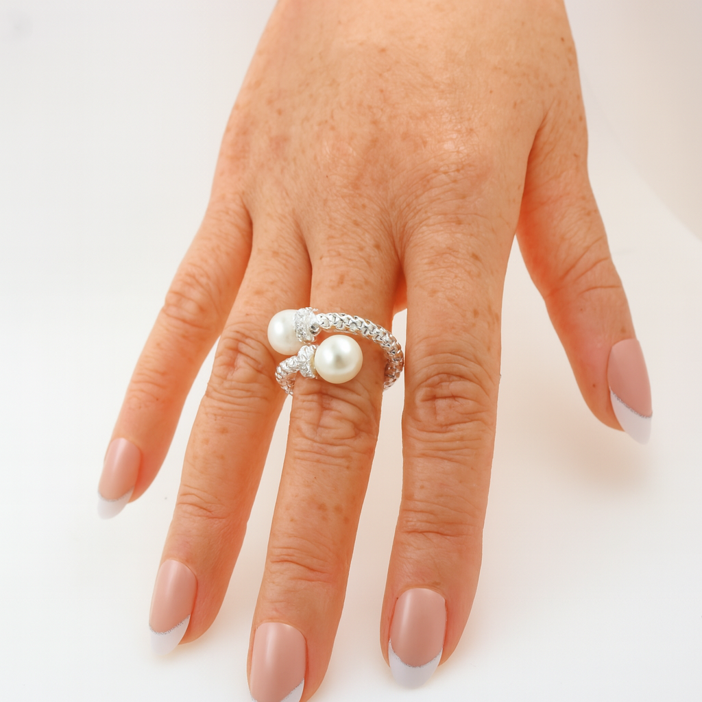 Sterling Silver Pearl & Crystal Crossover Ring