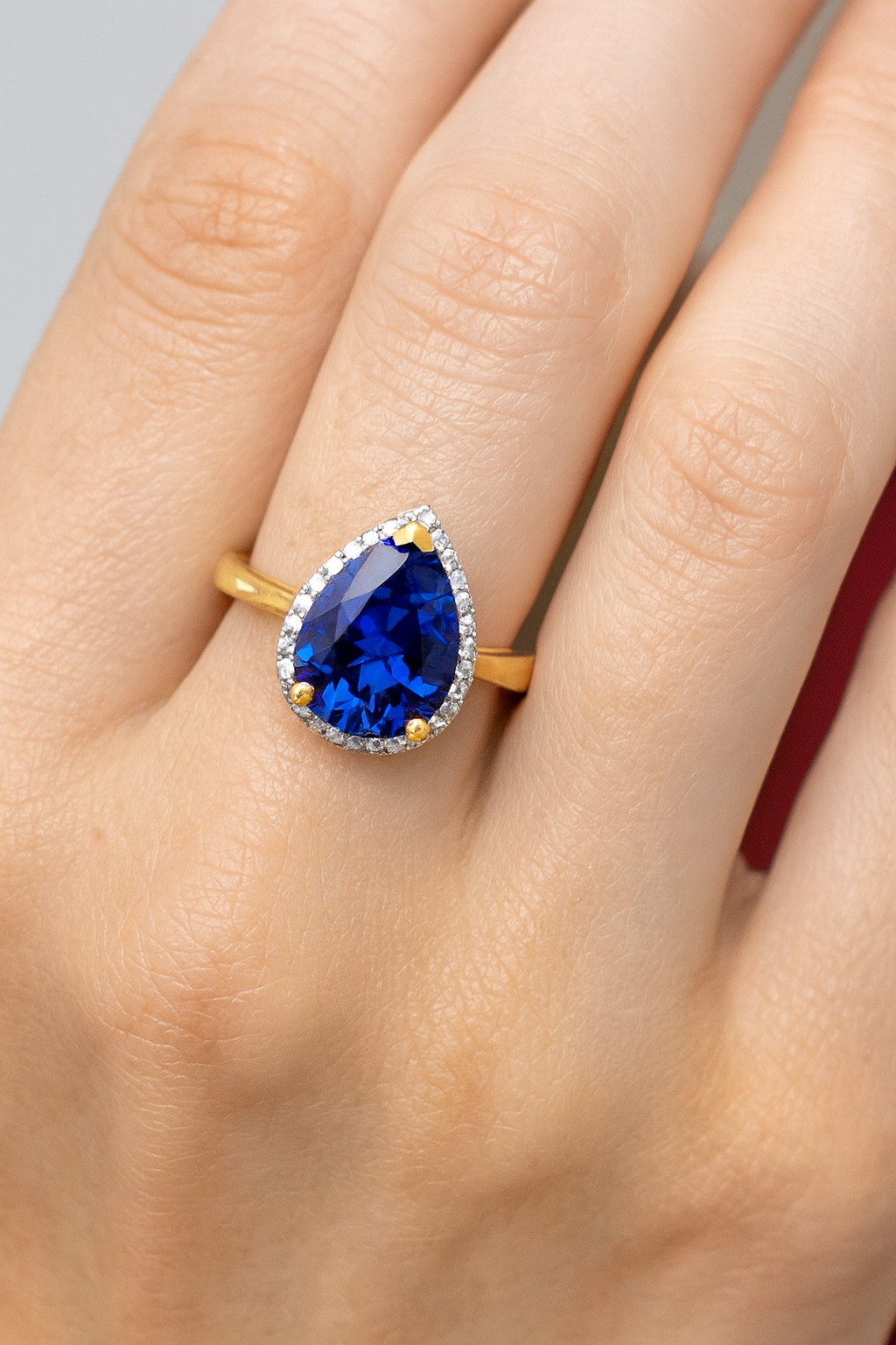 9ct Gold Pear-Cut Synthetic Sapphire & Diamond Halo Ring, Regal & Refined