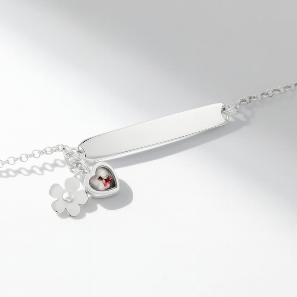 Sterling Silver ID Bracelet – Heart & Flower Charms