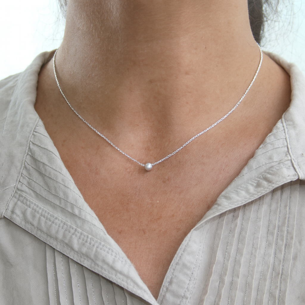 Sterling Silver Faux Pearl Slider Necklace 42+5cm