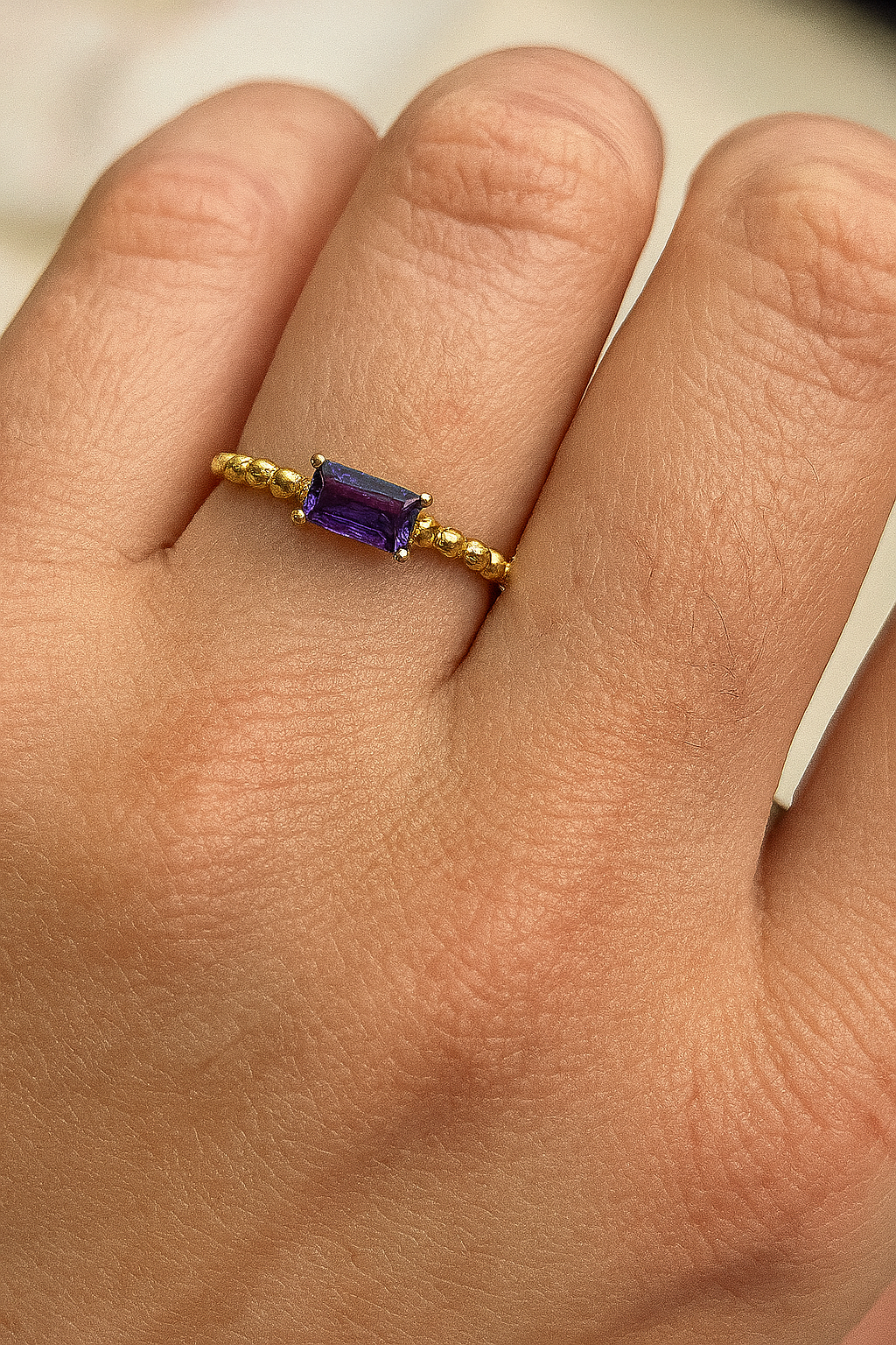 Dainty Gold Baguette Ring with Purple Cubic Zircona
