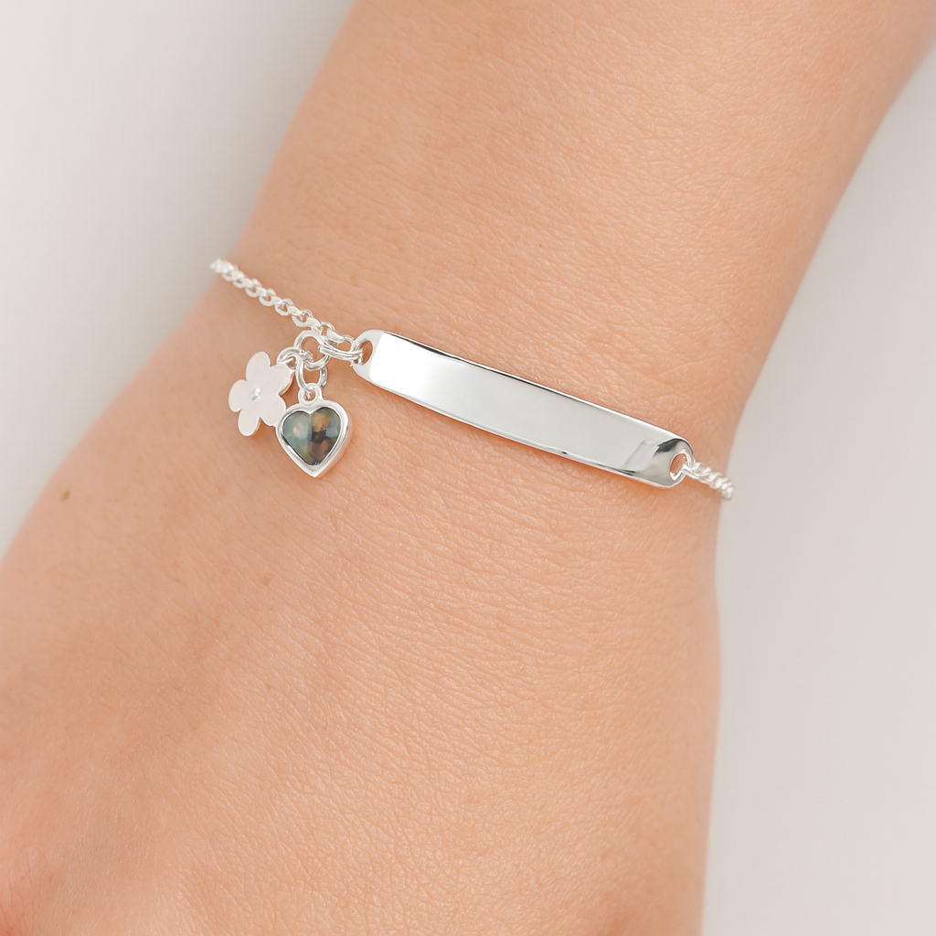 Sterling Silver ID Bracelet – Heart & Flower Charms