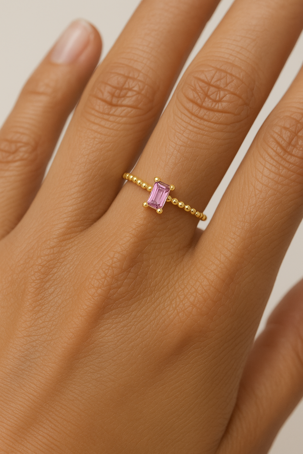 Dainty Gold Baguette Ring with Pink Cubic Zircona