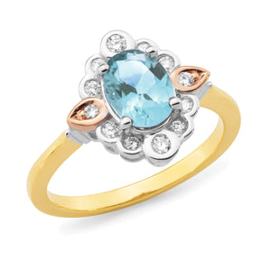 9ct Gold Antique Style Aqua Marine & Diamond Ring