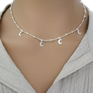 Sterling Silver Crescent Moon & Fancy Chain Necklace