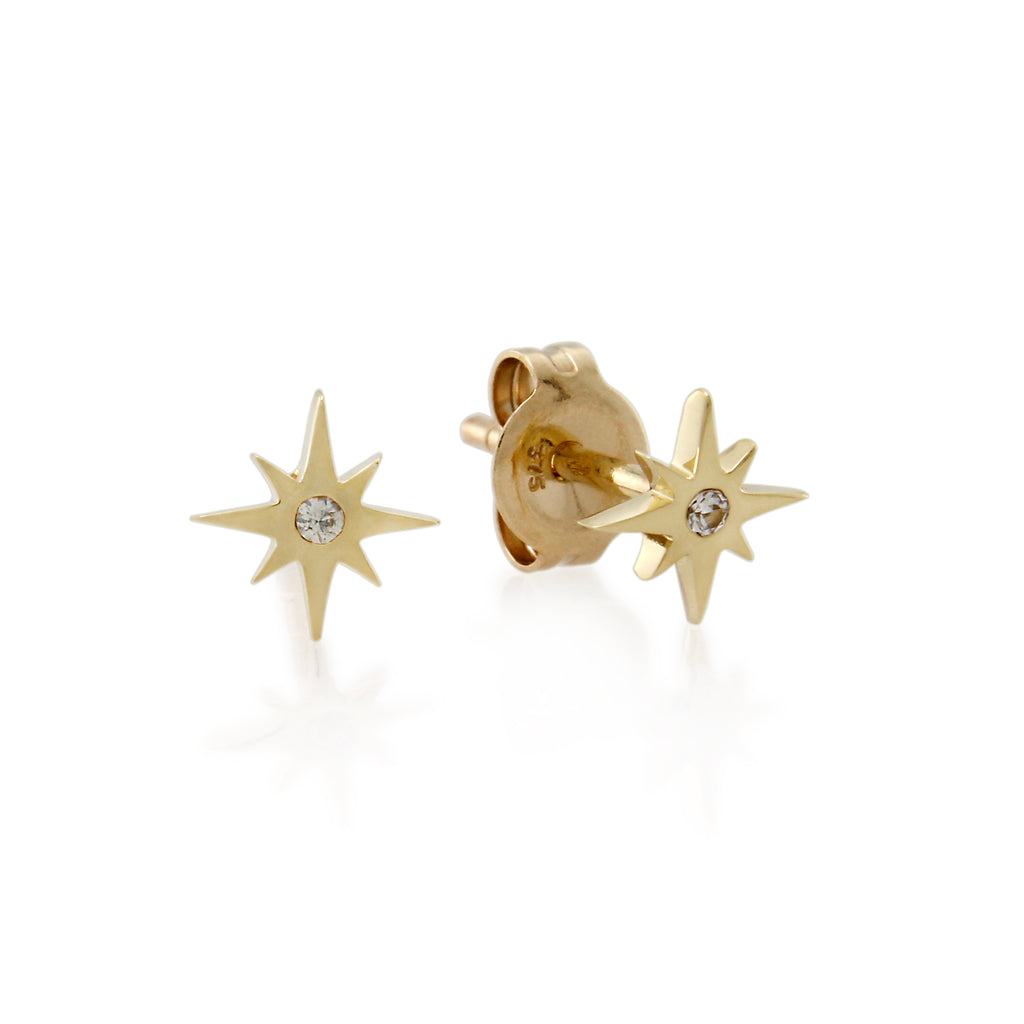 9ct Gold White Sapphire Star Stud Earrings