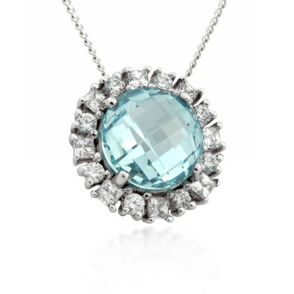 9ct White Gold Created Aquamarine and Cubic Zirconia Pendant