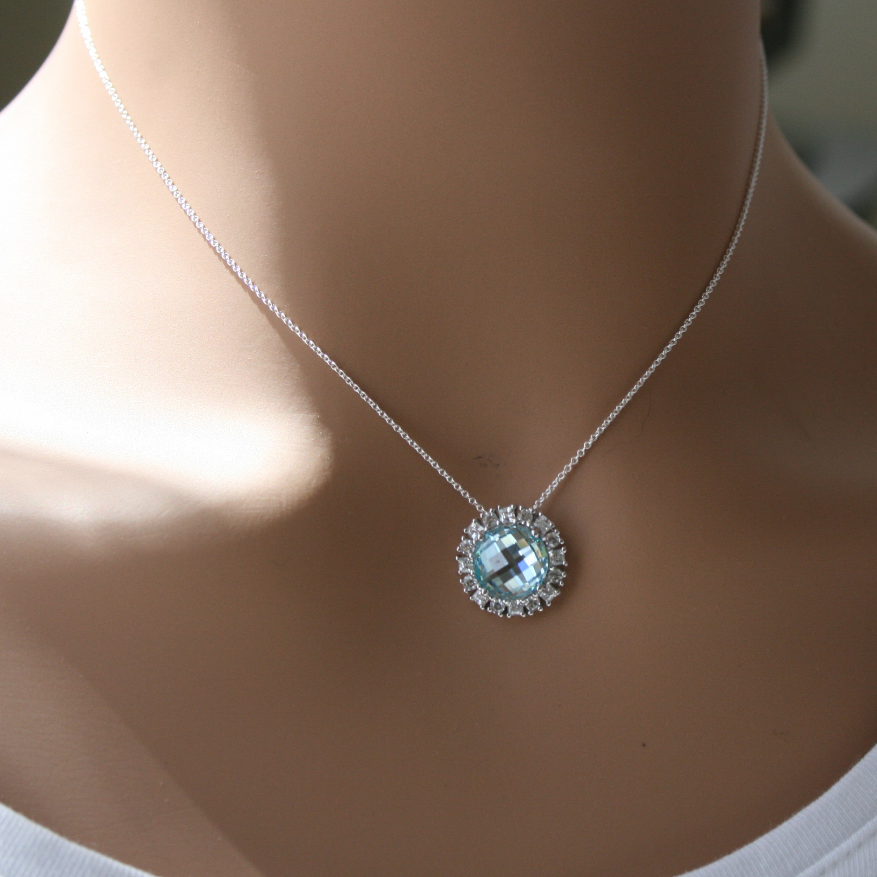 9ct White Gold Created Aquamarine and Cubic Zirconia Pendant