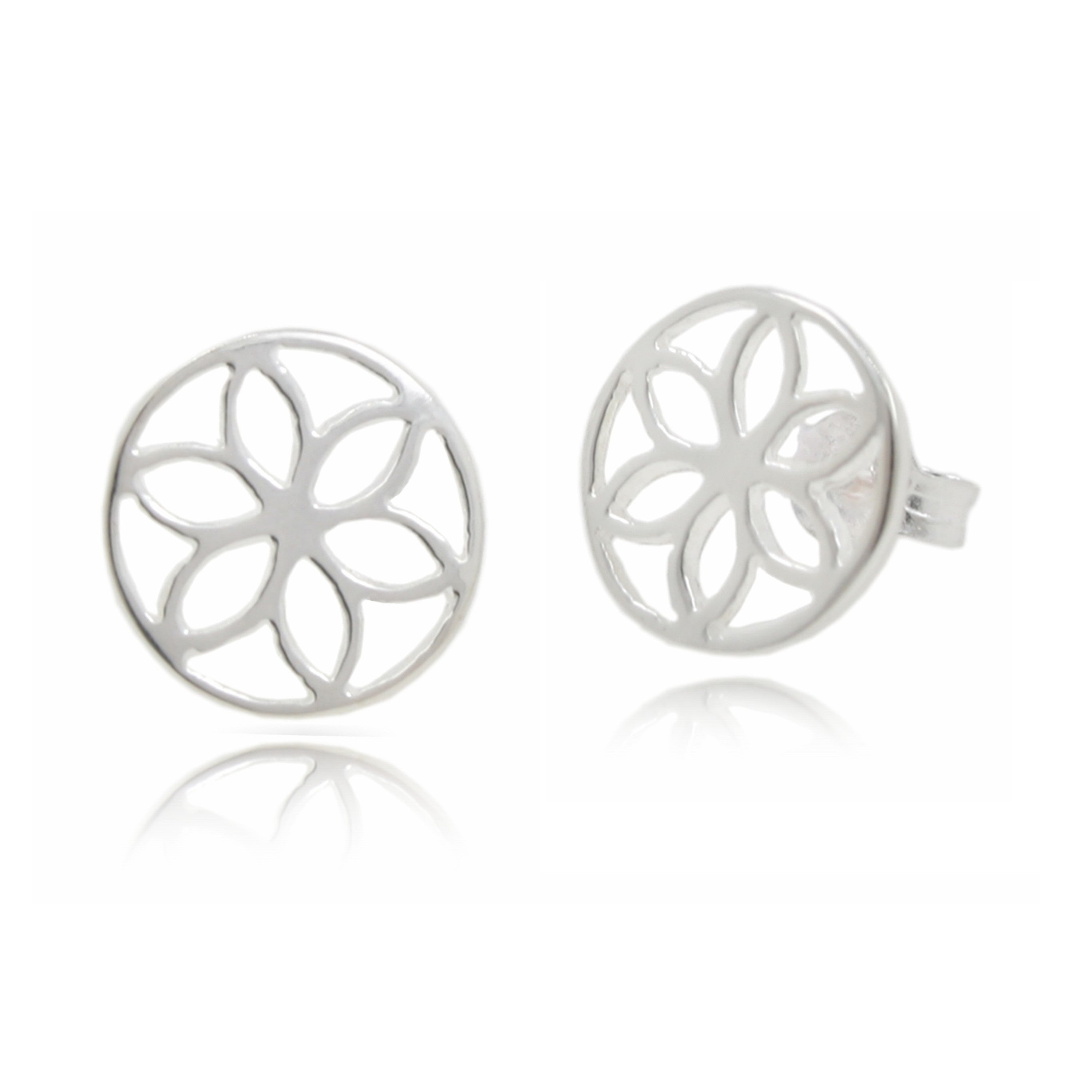 Sterling Silver Pierced Out Flower Disc Stud Earrings