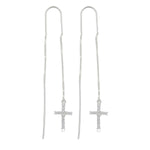 Sterling Silver Cubic Zirconia Cross Drop Threader Earrings