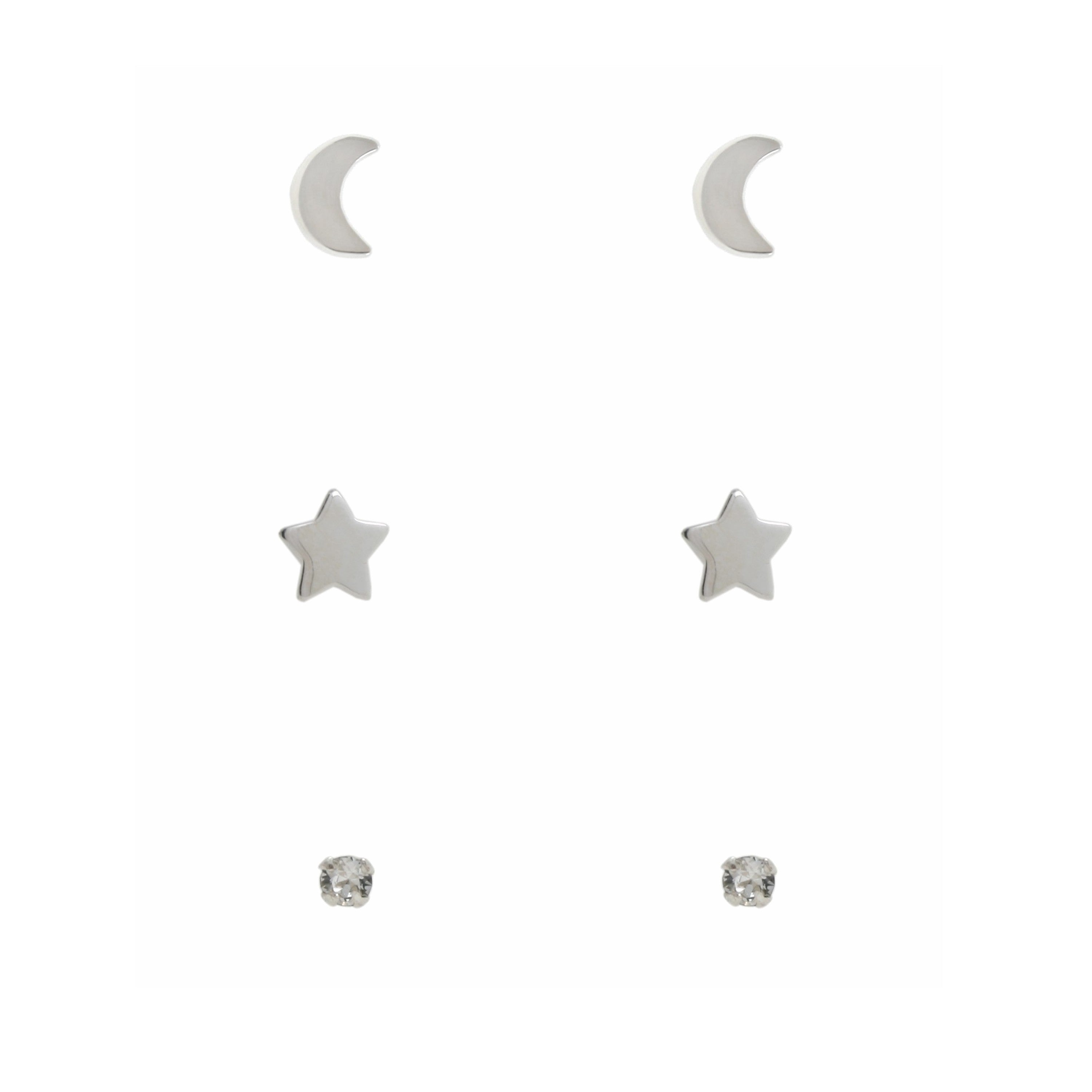 Sterling Silver Moon, Star & CZ  Set of 3 Earrings
