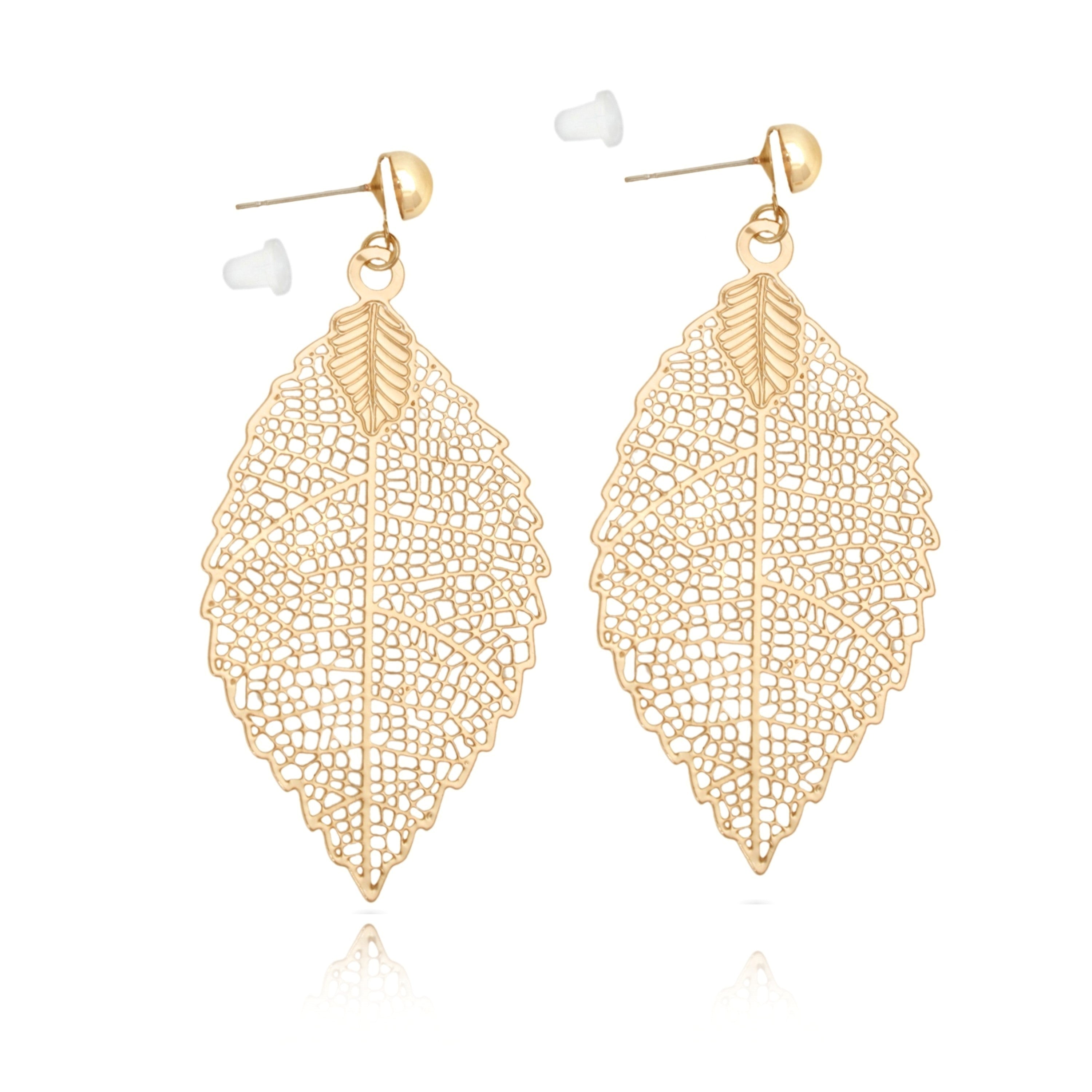 Skeleton Leaf Gold Tone Brass Fashion Earrings